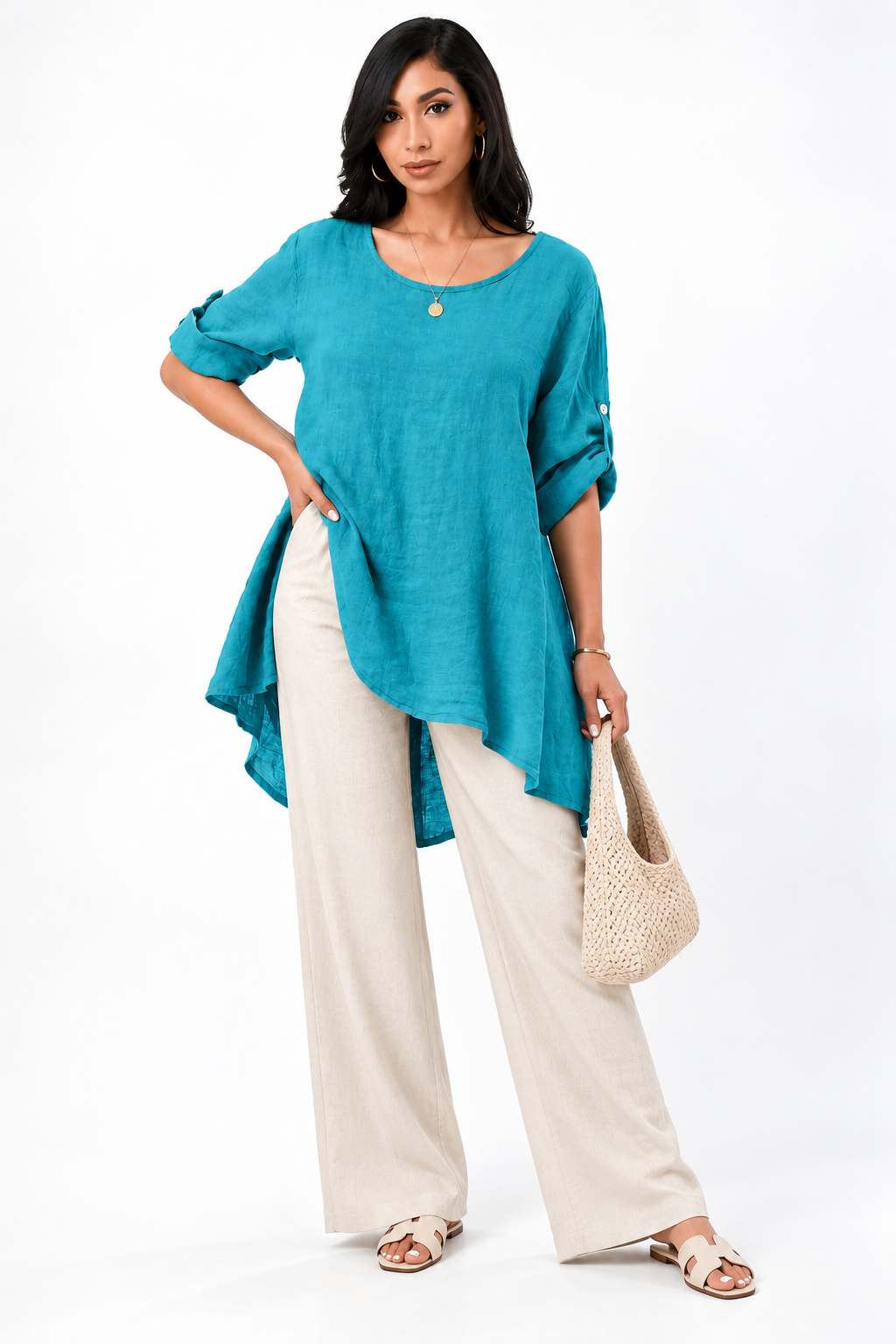 Long Italian Linen Button Back Top Tunic