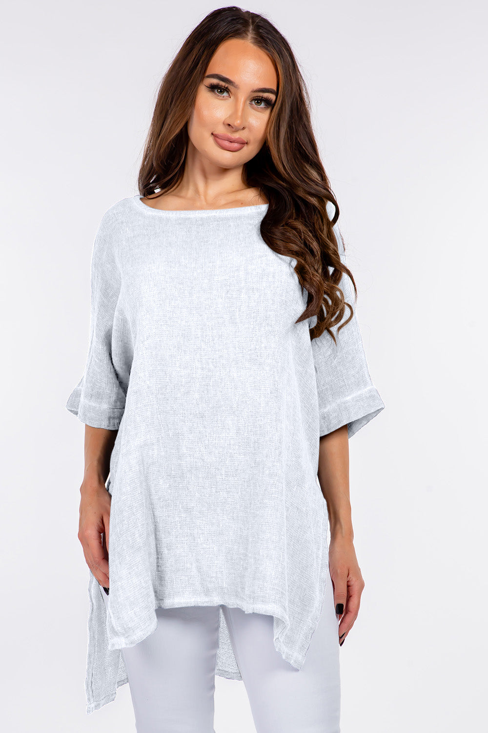 Italian Linen Side Open Tunic Top Raw Moda One Size White 