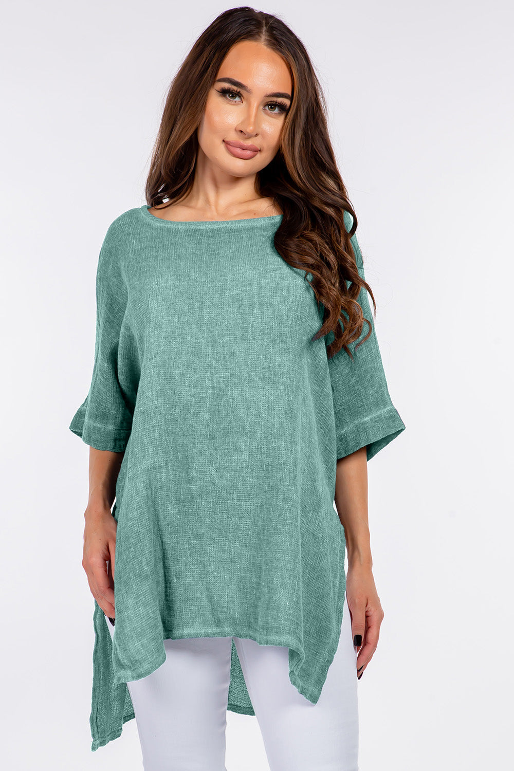 Italian Linen Side Open Tunic Top Raw Moda One Size Turquoise 