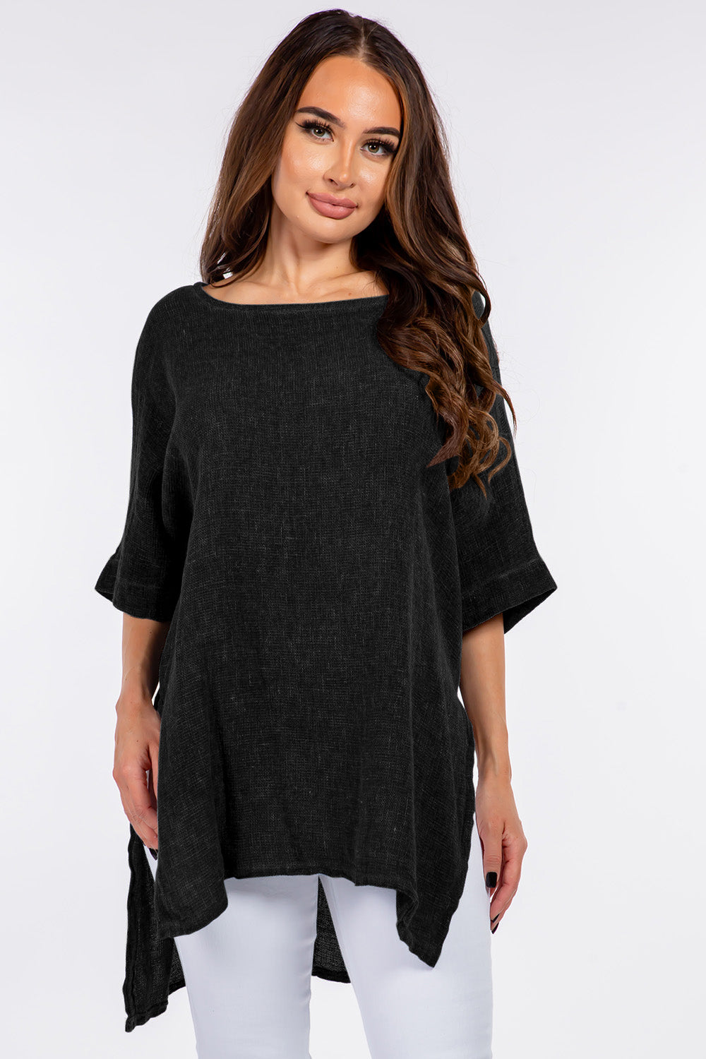 Italian Linen Side Open Tunic Top Raw Moda One Size Black 