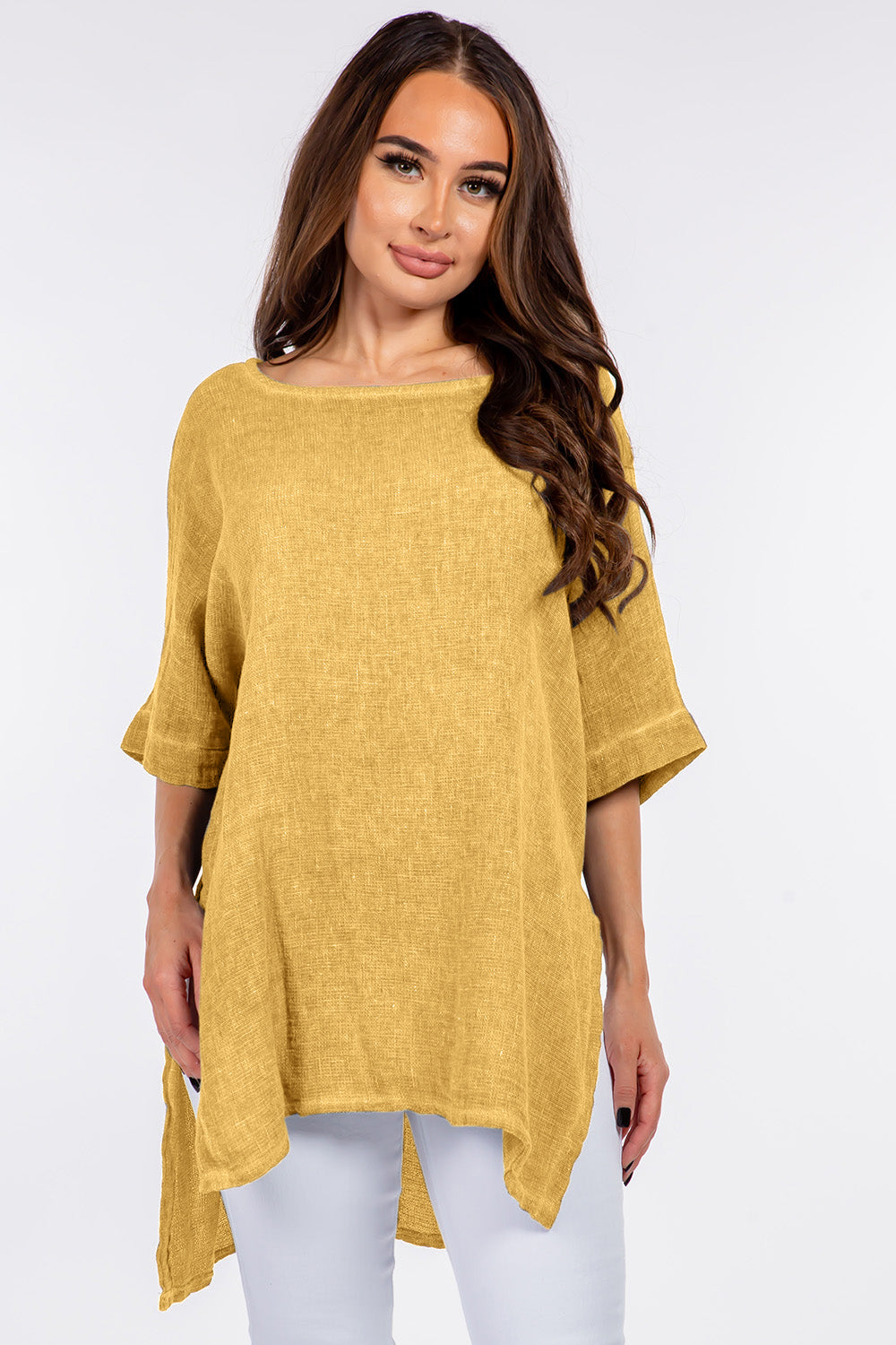 Italian Linen Side Open Tunic Top Raw Moda One Size Mustard 