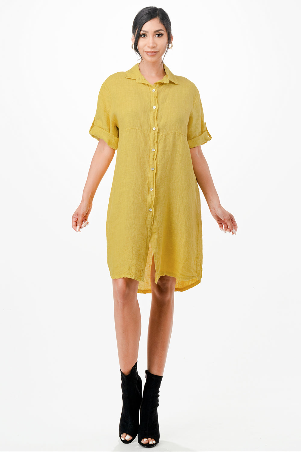 Long Linen Button Shirt Dress Dress Raw Moda One Size Mustard 