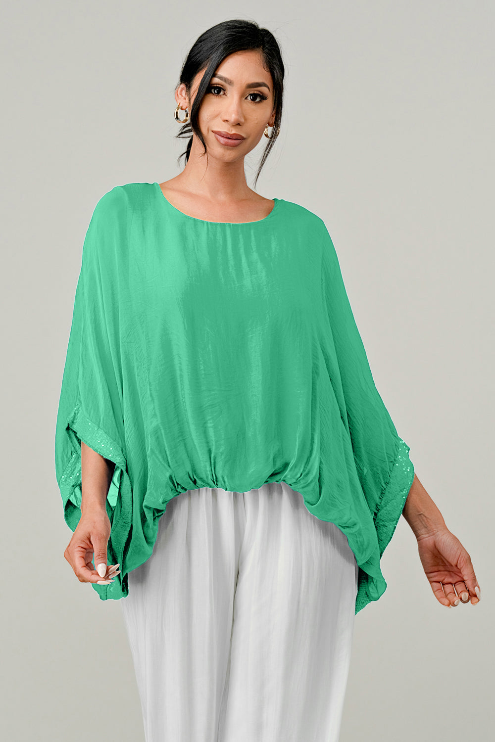 RAW MODA SEQUIN SLEEVES ITALIAN ELASTIC TOP Top Raw Moda One Size Green 