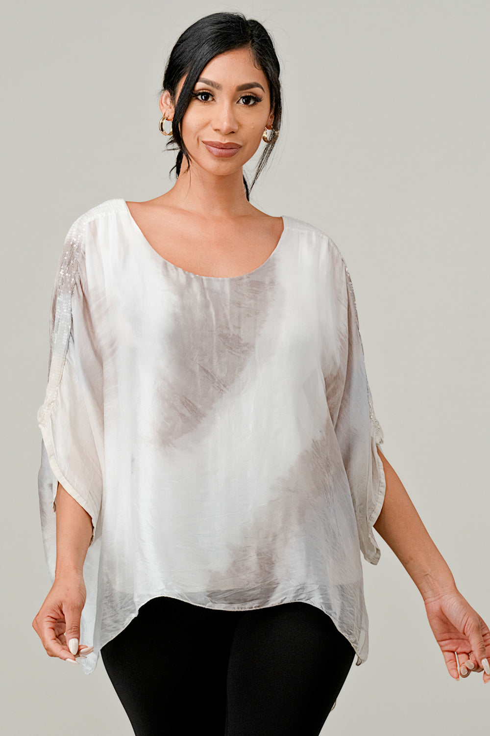 Raw Moda Sequin Sleeves Tie Dye Silk Top Top Raw Moda One Size Taupe 