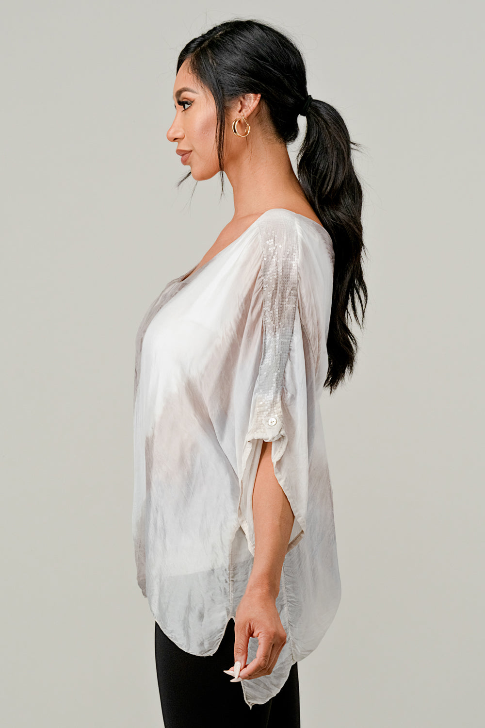 Raw Moda Sequin Sleeves Tie Dye Silk Top Top Raw Moda   