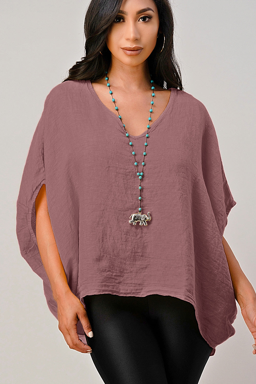 V Neck Linen Batwing Sleeves Top Clothing Accessories Raw Moda Plum One Size 