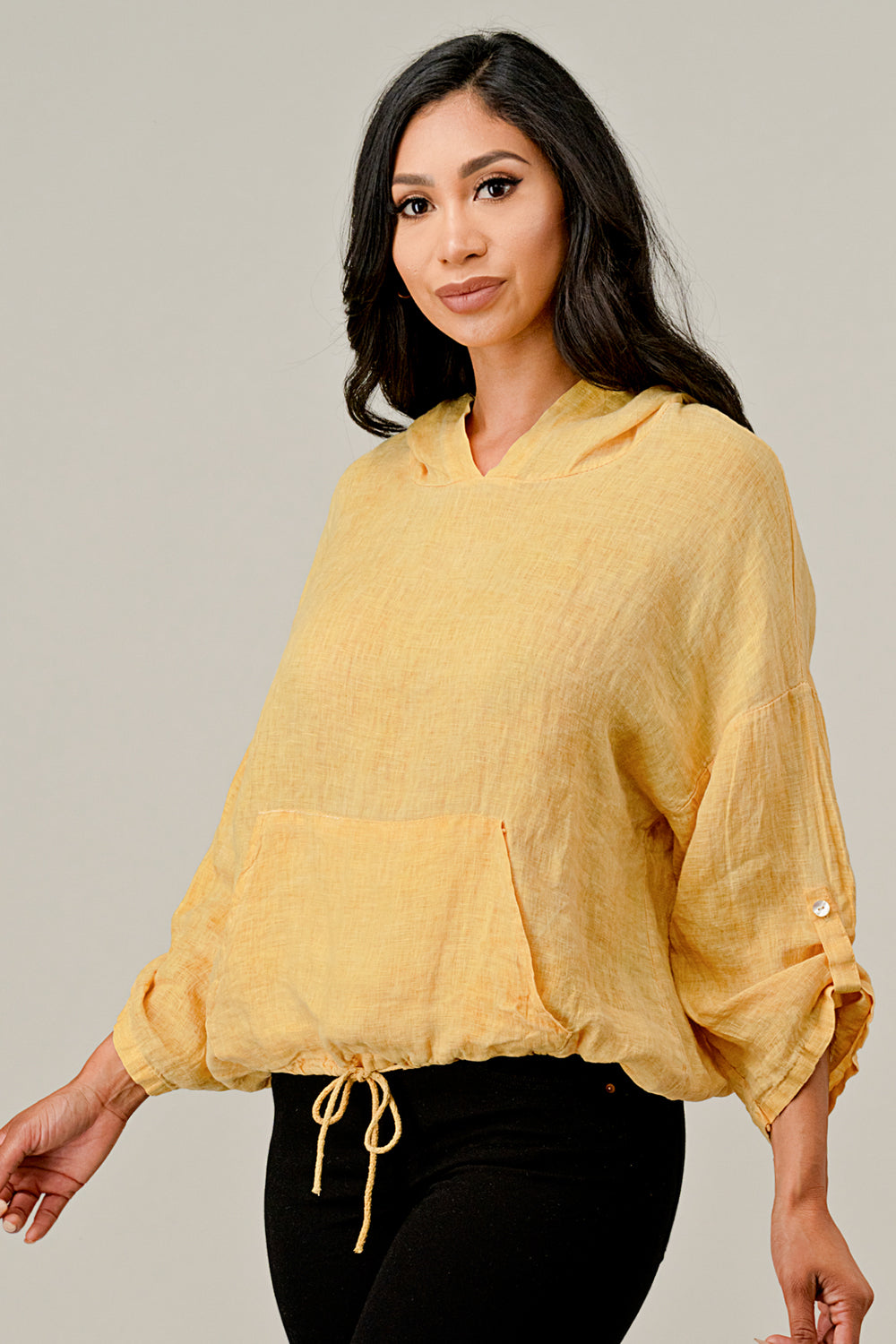 Italian Linen Blouse With Hoodie Top Raw Moda   