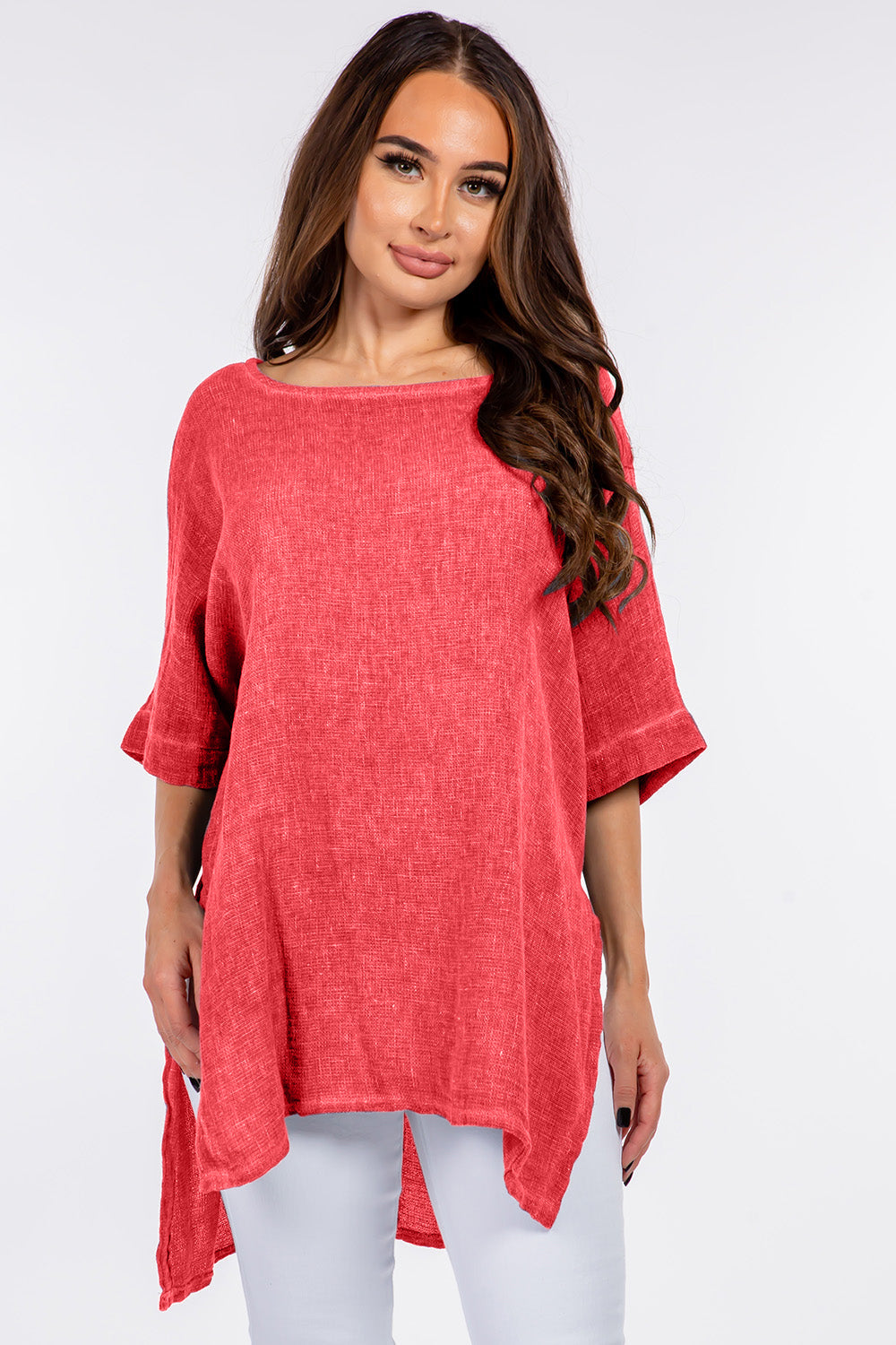 Italian Linen Side Open Tunic Top Raw Moda One Size Coral 