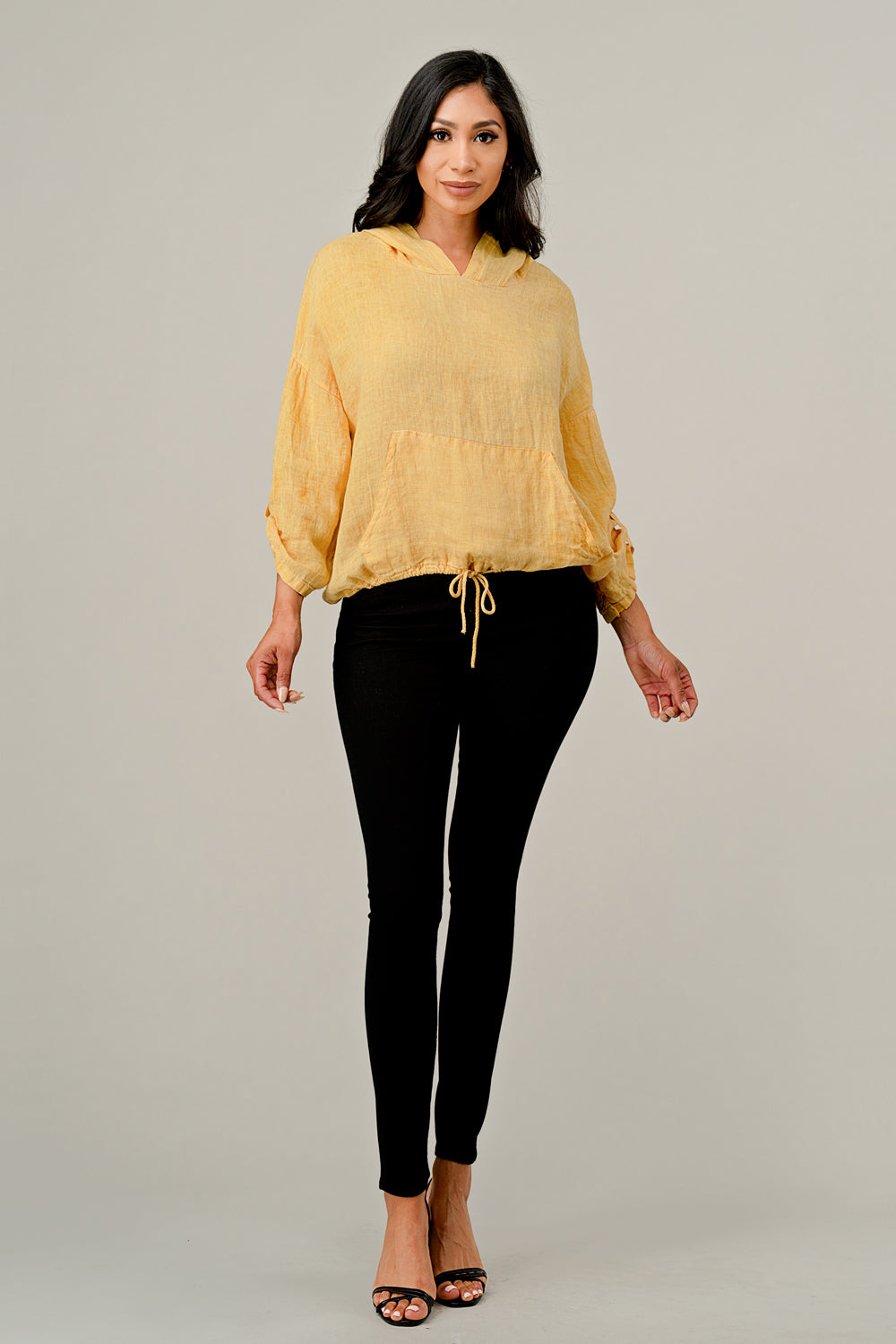 Italian Linen Blouse With Hoodie Top Raw Moda   