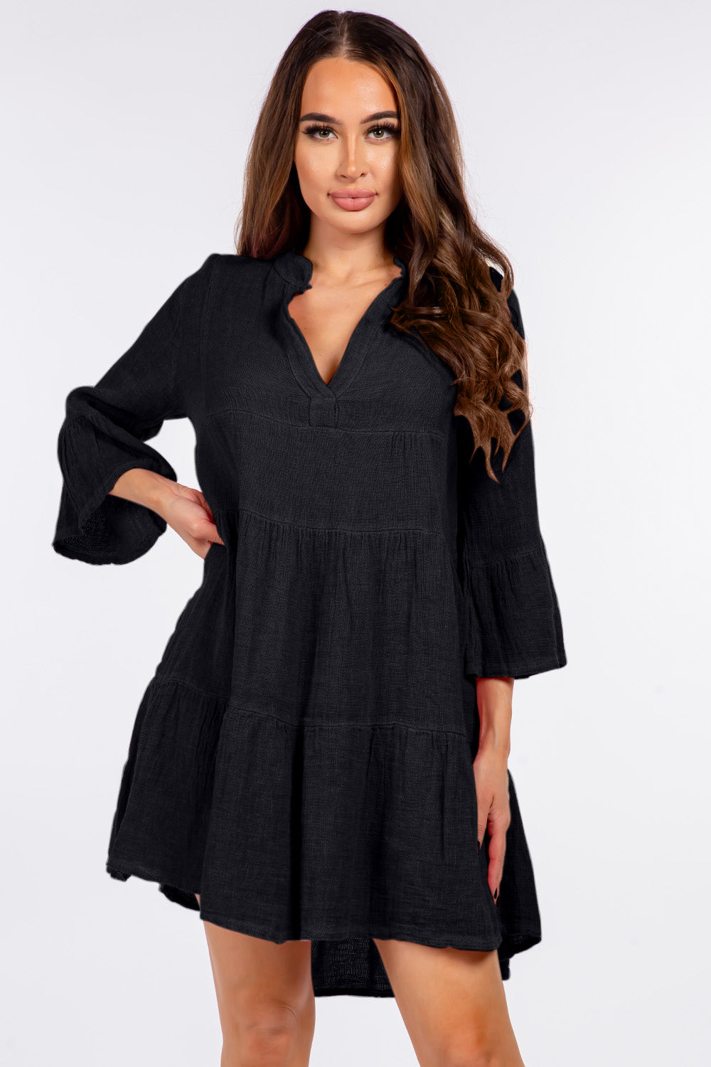 Raw Moda Italian V neck Linen Ruffle Dress Apparel & Accessories Raw Moda One Size Black 