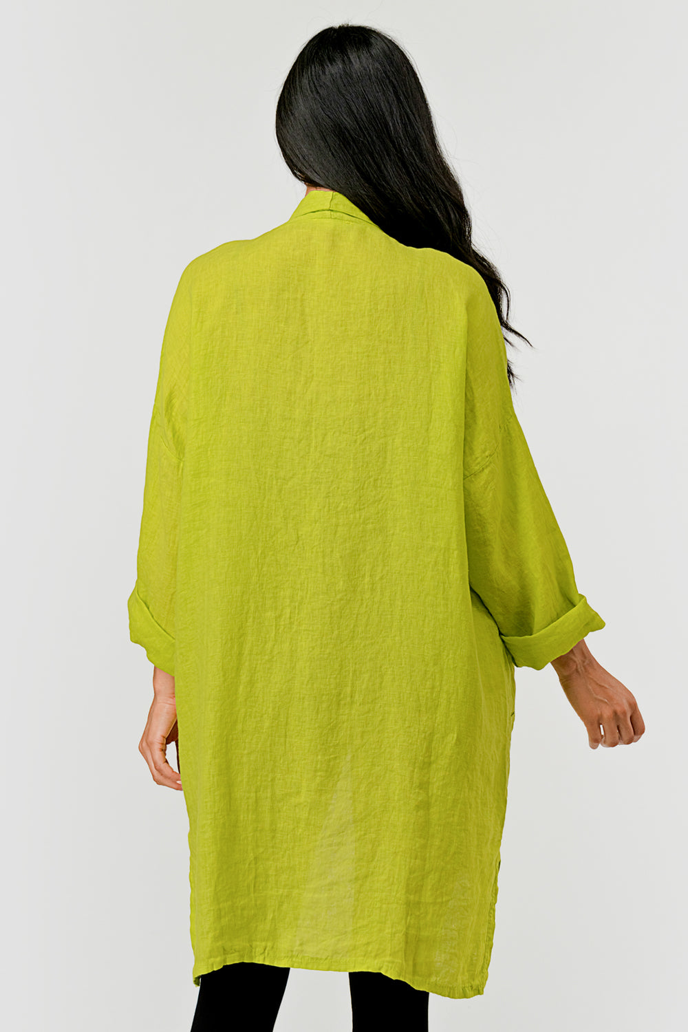 Long Italian Linen Cardigan with Pockets – back view showing flowy length