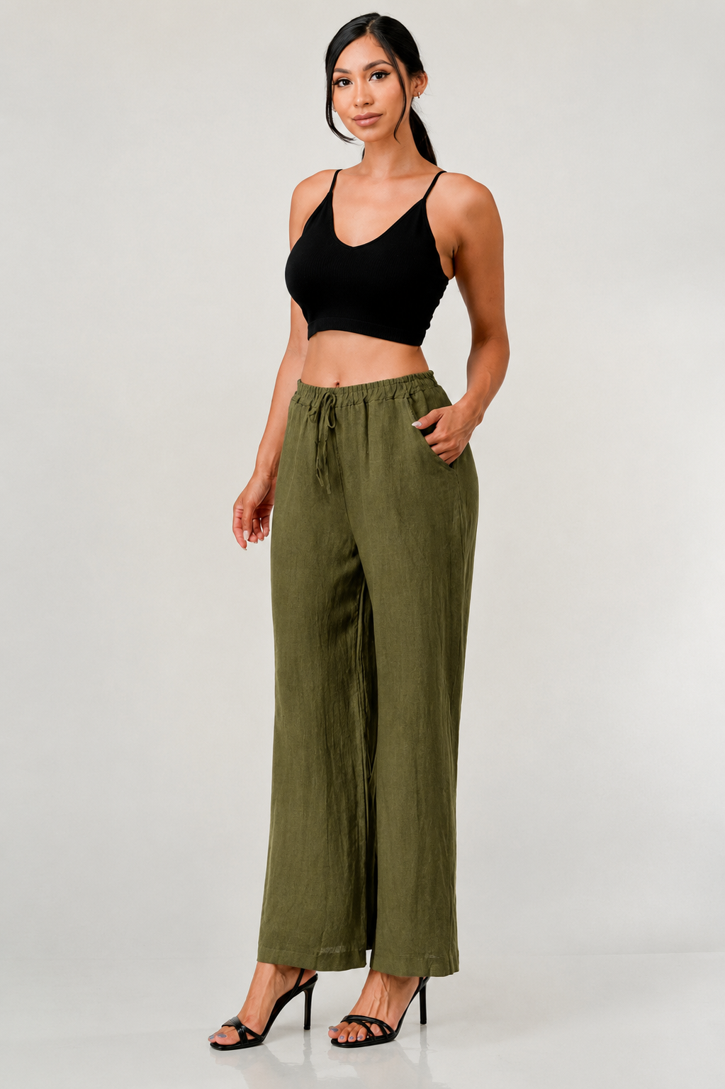 Elastic Waist Linen Pants w Pockets