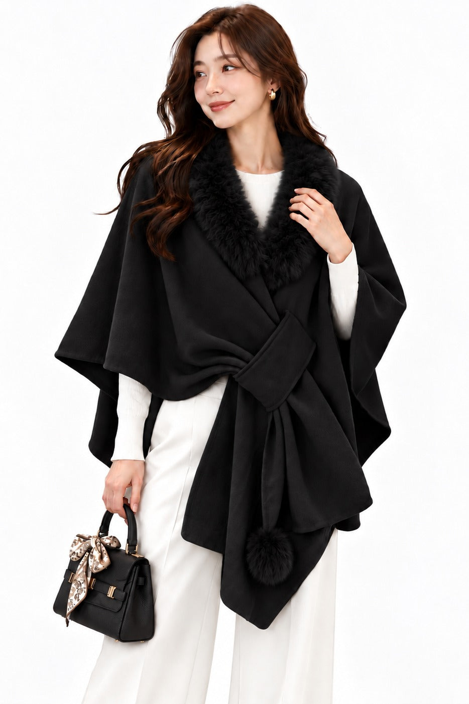 Raw Moda Portofino Faux Fur Shawl Poncho - Black