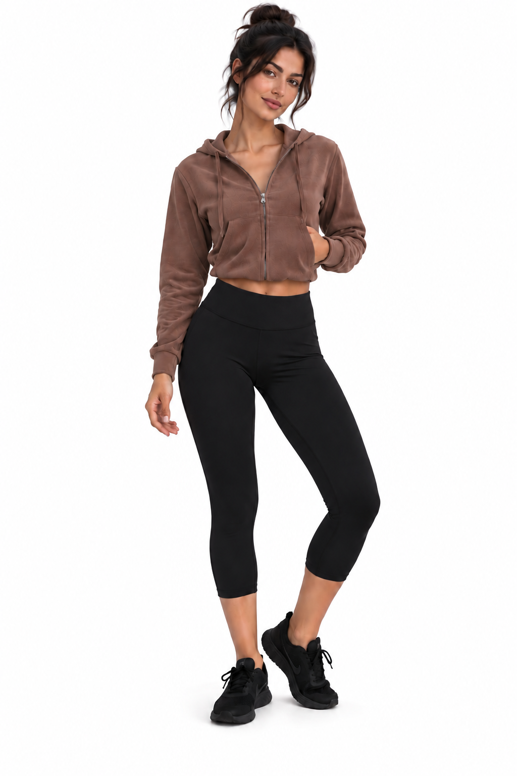 Raw Moda Drawstring Cropped Hoodie in Brown