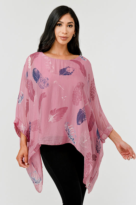 Raw Moda Italian Silky Feathered Pattern Top – close-up of feather pattern