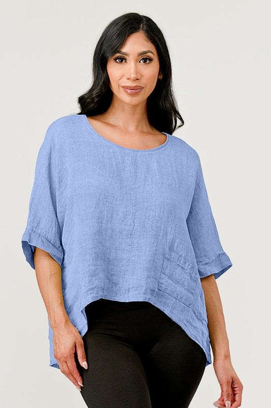 V Back Italian Linen Top with Pocket – front view on model
