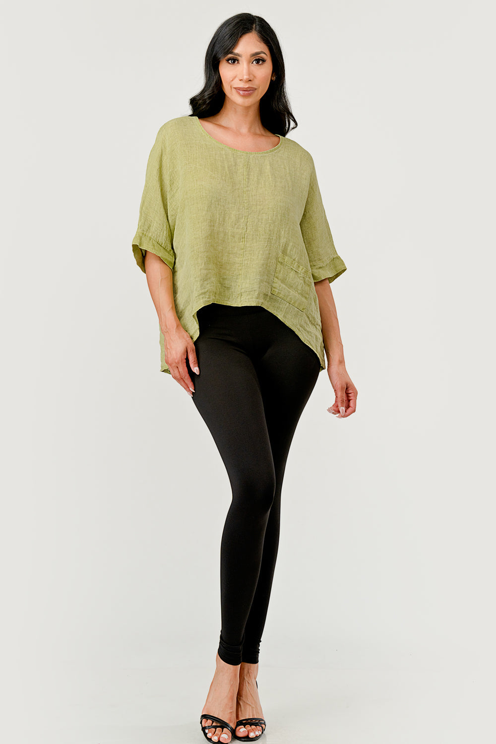 V Back Italian Linen Top with Pocket – styled with summer trousers