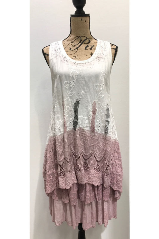  Raw Moda Italian Adriatico Sleeveless Lace Layered Dress Top Tunic Dress Raw Moda one size Pink 