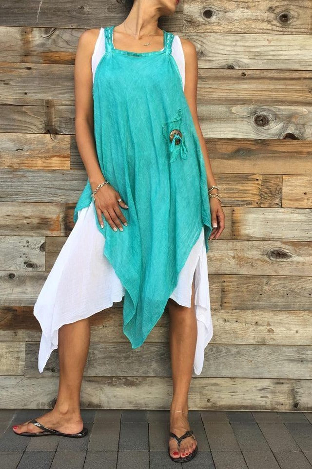 Italian Two Pieces Long Cotton Raw Moda Dress Dress Raw Moda One Size Turquoise 