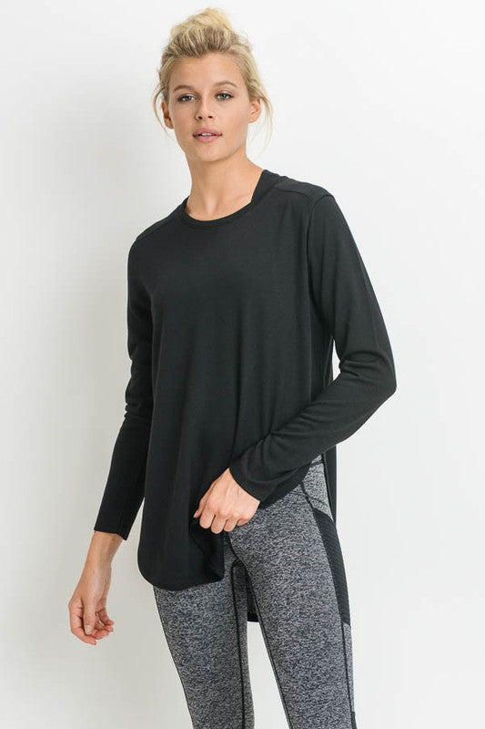 Long Sleeve Flow Top with Side Slits Top Raw Moda Large Black 