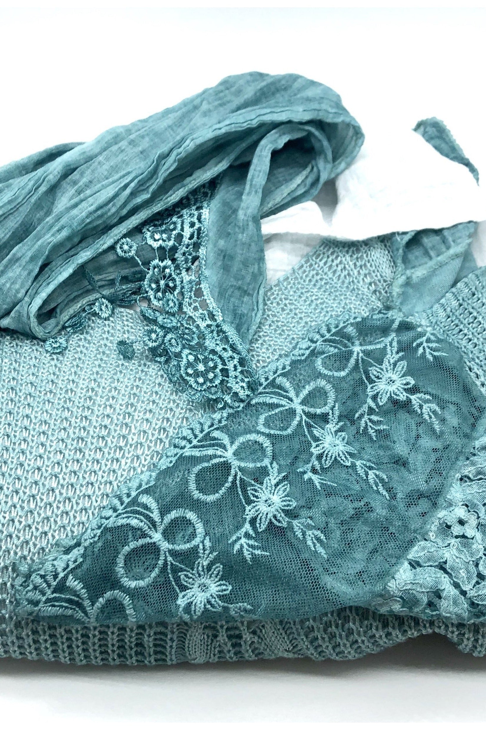 Italian 3 Pcs Viviana Shirt Sweater With Scarf Raw Moda Top Raw Moda One Size Teal 