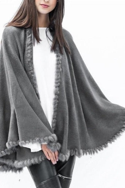 Open Front Raw Moda Shawl With Fur Trim Pancho Raw Moda One Size Gray 