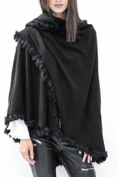 Open Front Raw Moda Shawl With Fur Trim Pancho Raw Moda One Size Black 