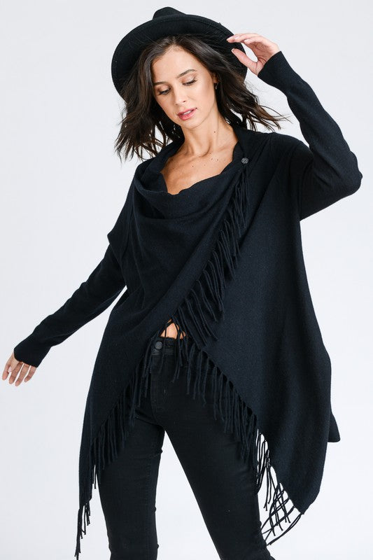 Cardigan Vest Sweater With Fringe Raw Moda Top Raw Moda Small Black 