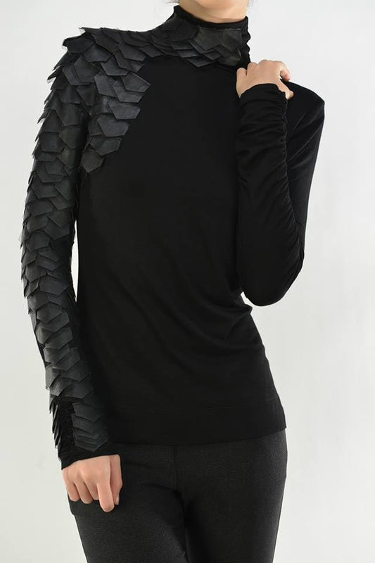 Leather Patch Shoulder Raw Moda Long Sleeves Top Top Raw Moda Small Black 