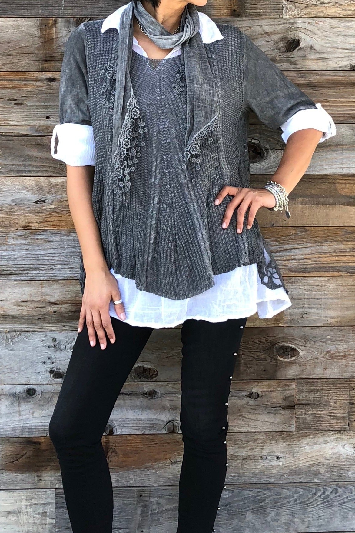 Italian 3 Pcs Viviana Shirt Sweater With Scarf Raw Moda Top Raw Moda One Size Gray 
