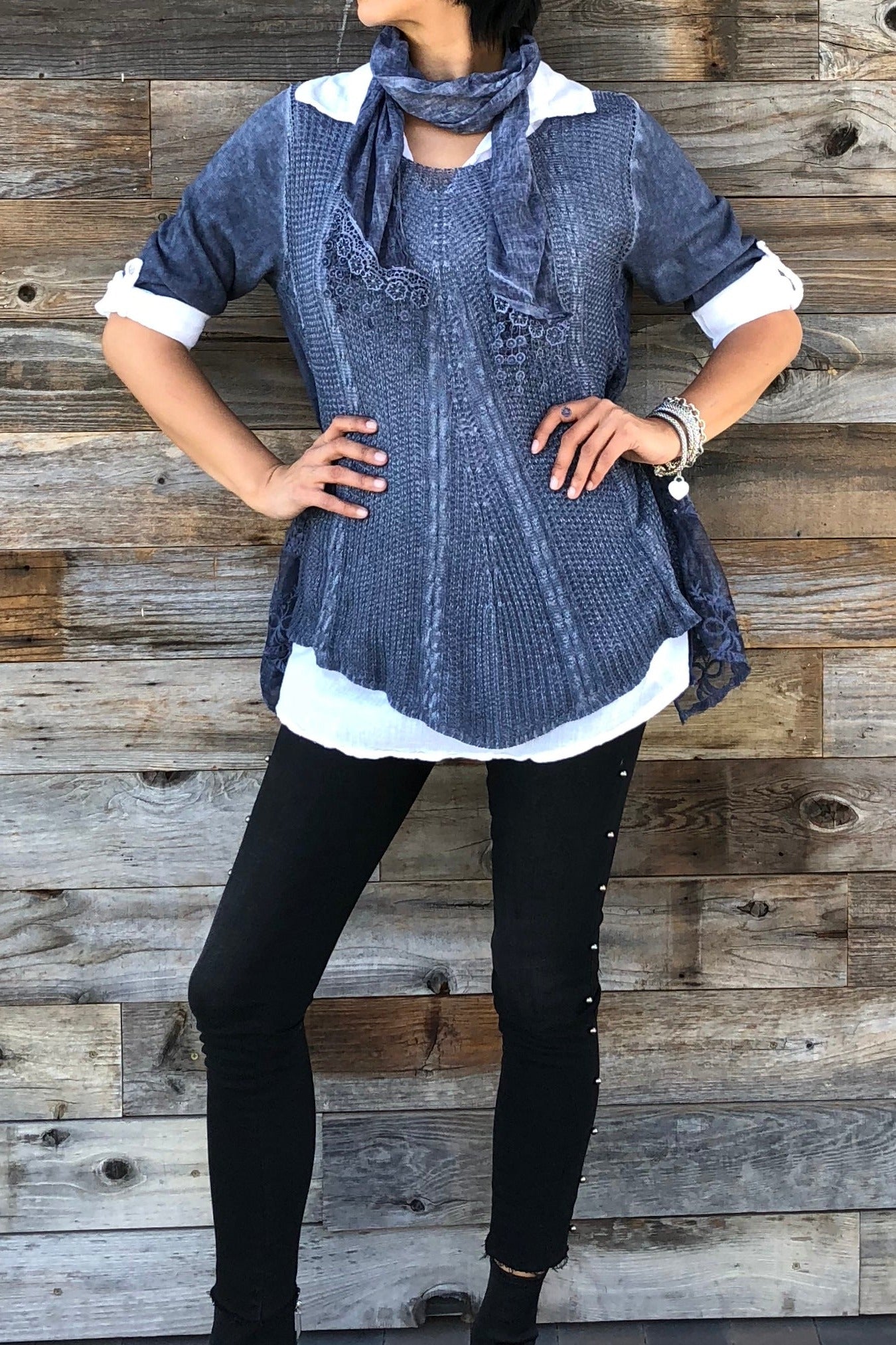 Italian 3 Pcs Viviana Shirt Sweater With Scarf Raw Moda Top Raw Moda One Size Navy 