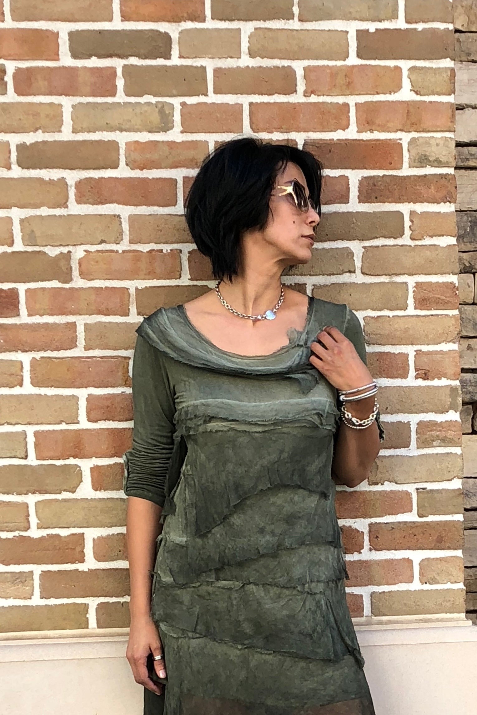 Raw Moda Italian Long Sleeve Ruffle Dress Dress Raw Moda One Size Olive 