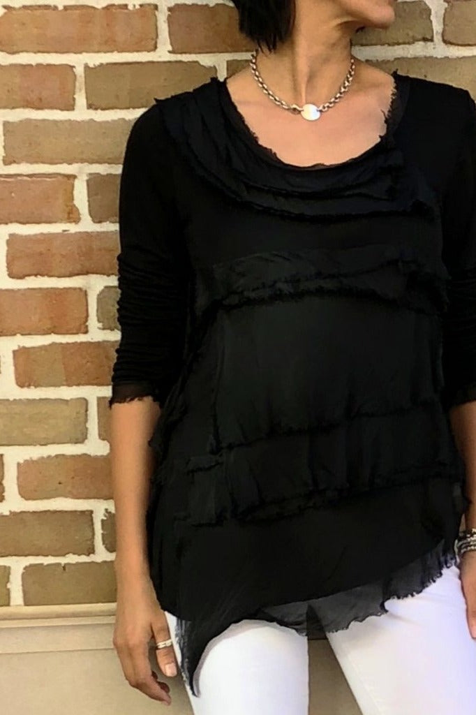 Raw Moda Italian Ruffle Top Long Sleeves Top Raw Moda One Size Black 