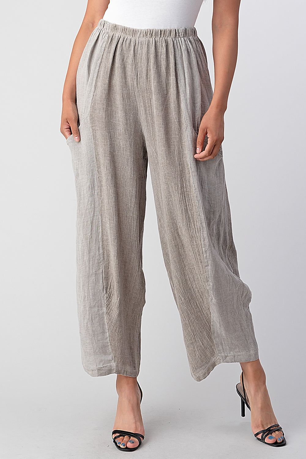 Straight Cotton Linen Pants With Pockets Bottom Raw Moda One Size Taupe 