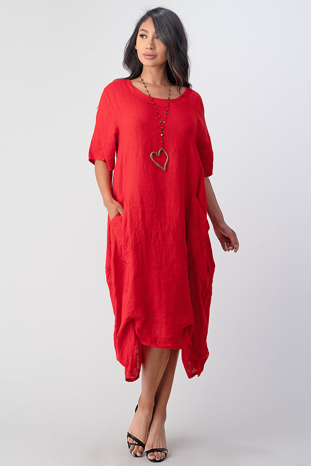 Long  Italian Linen Tie Bottom Dress Dress Raw Moda One Size Red 
