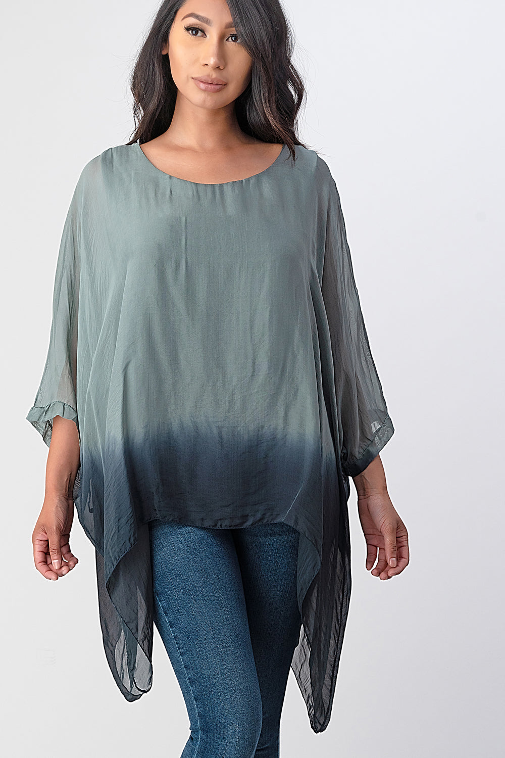 Long Italian Tie Dye Silk Top Top Raw Moda One Size Olive 