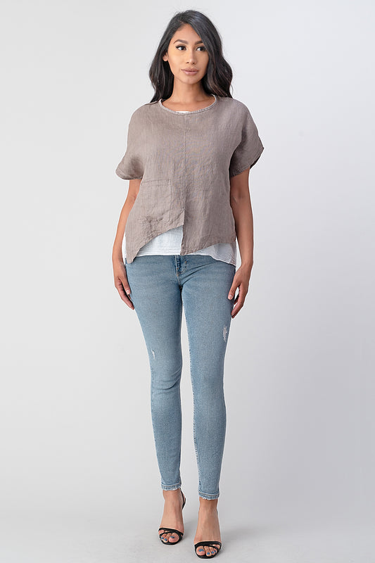 Raw Moda Asymmetrical Two Piece Linen Top Top Raw Moda One Size Taupe/White 