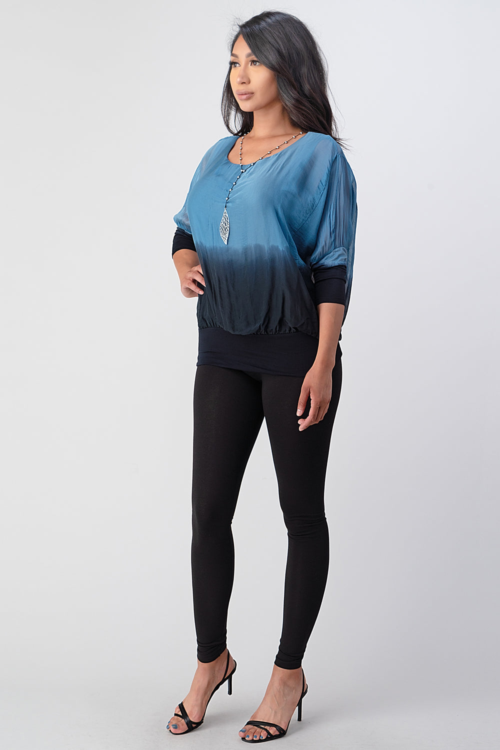 Tie Dye Italian Silk Elastic Sleeves Top Top Raw Moda   