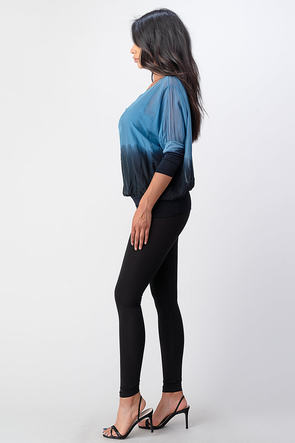 Tie Dye Italian Silk Elastic Sleeves Top Top Raw Moda   