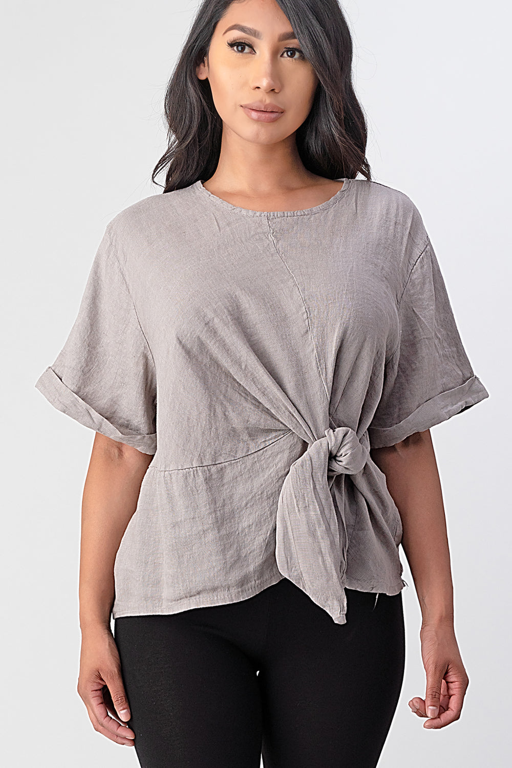 Raw Moda Italian Tie Front Linen Top Top Raw Moda One Size Taupe 