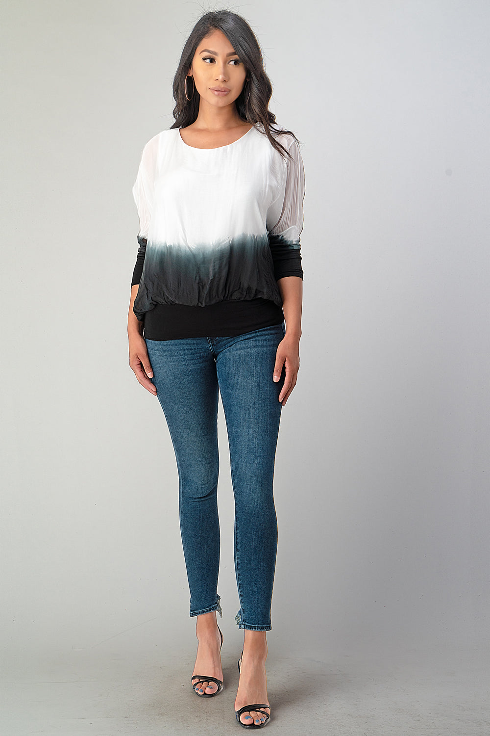 Tie Dye Italian Silk Elastic Sleeves Top Top Raw Moda One Size White 