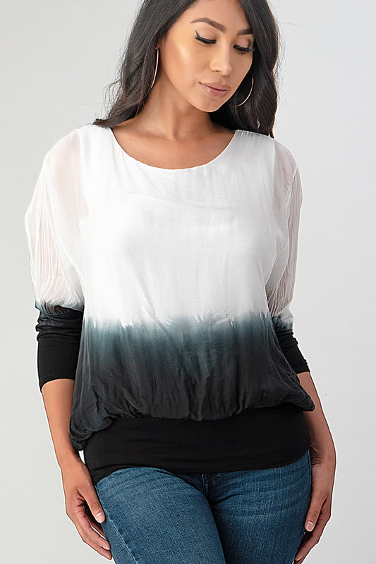 Tie Dye Italian Silk Elastic Sleeves Top Top Raw Moda   