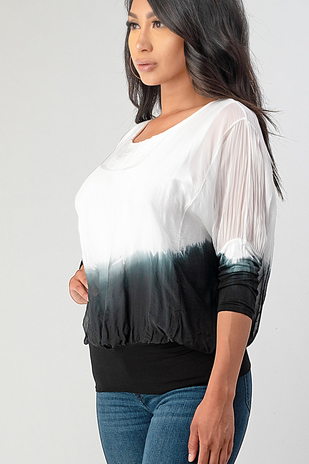 Tie Dye Italian Silk Elastic Sleeves Top Top Raw Moda   
