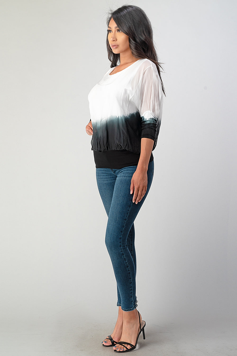 Tie Dye Italian Silk Elastic Sleeves Top Top Raw Moda   