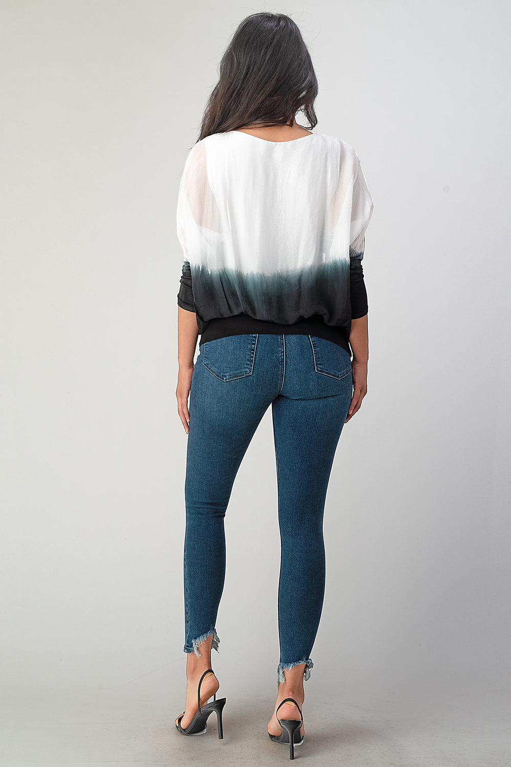 Tie Dye Italian Silk Elastic Sleeves Top Top Raw Moda   