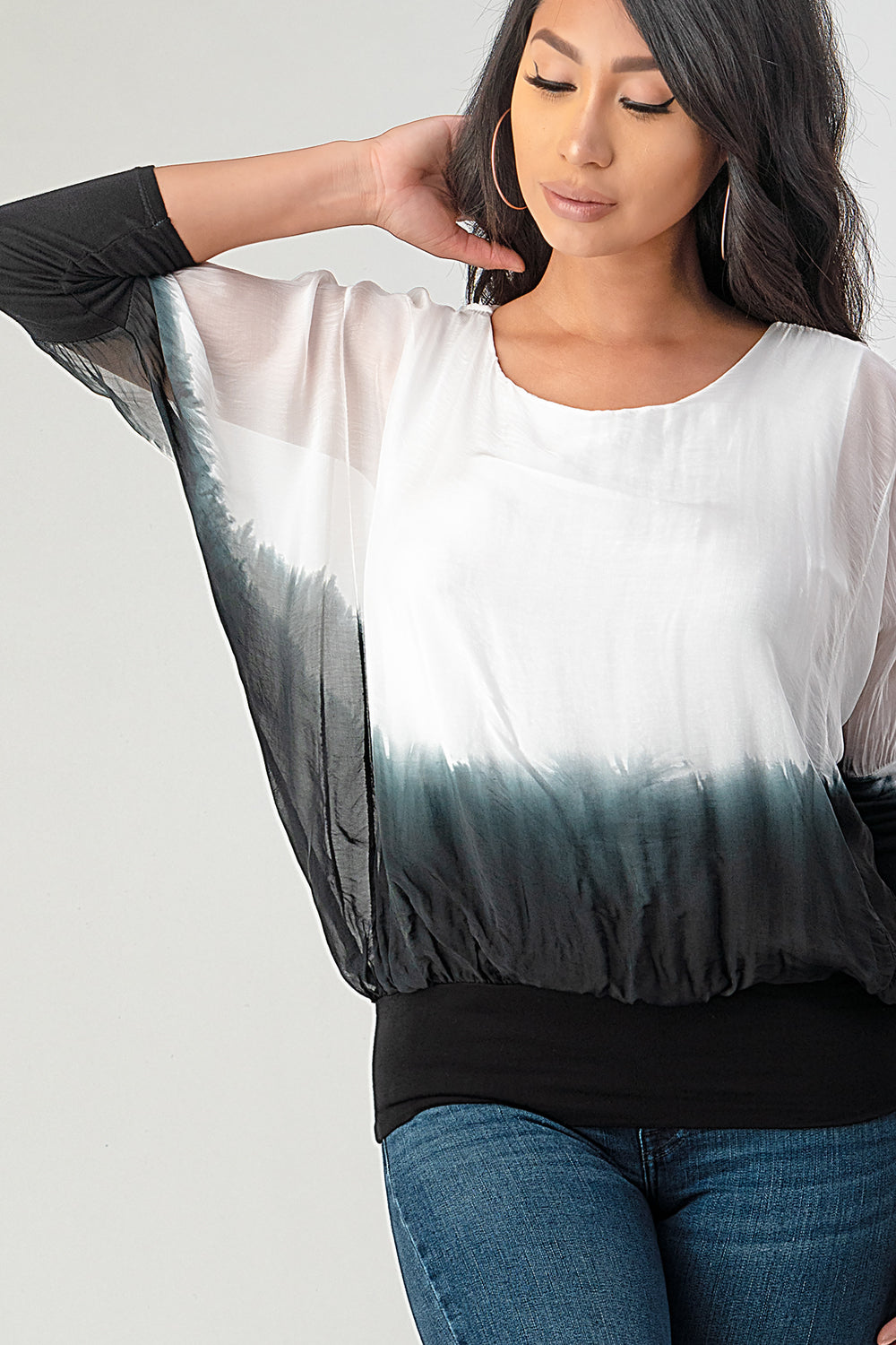 Tie Dye Italian Silk Elastic Sleeves Top Top Raw Moda   