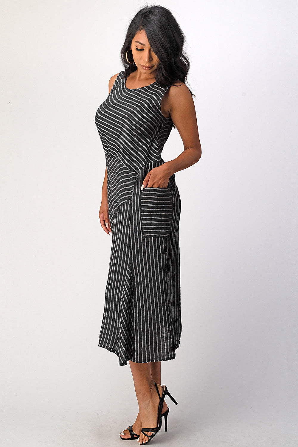 Italian Striped Linen Dress Dress Raw Moda One Size Charcoal 