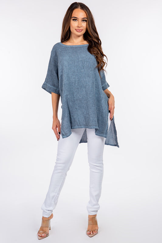 Italian Linen Side Open Tunic Top Raw Moda   