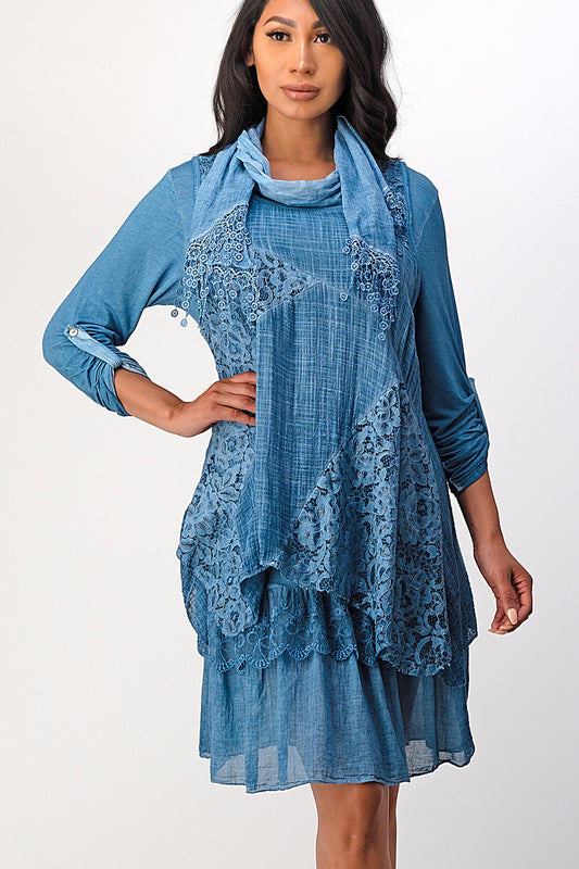 Raw Moda ItalIian 3 Pieces  Lace Floral Dress Dress Raw Moda One Size Denim Blue 
