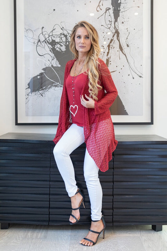 Lace and Sheer Italian Raw Moda Angela Top Tunic Cardigan Long Sleeve Top Raw Moda One Size Red 